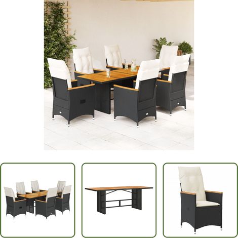 Gartentisch -  7-tlg. Garten-Essgruppe mit Kissen Schwarz Poly Rattan (1/5)