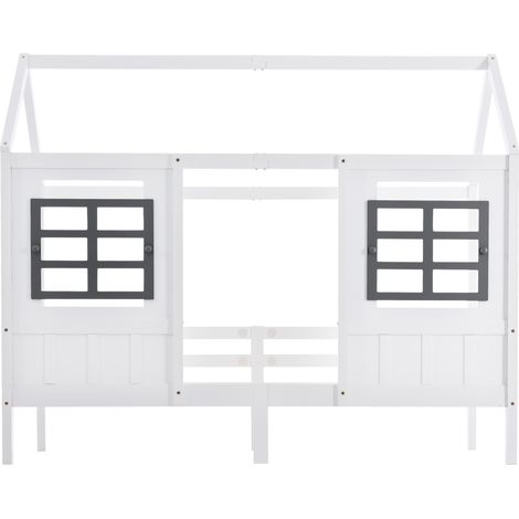 Lit cabane enfant 200 x 90 cm avec 2 fenêtres, blanc, pin et MDF HOMVRA (1/5)