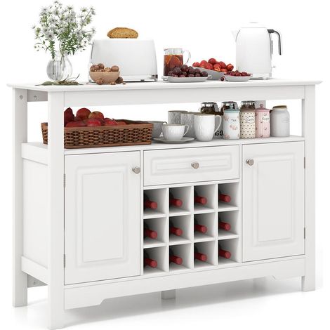Rangement optimisé, buffet bar blanc avec porte-bouteilles amovible, étagère ouverte et 2 placards (1/5)