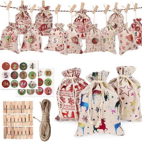 24 calendriers de l'Avent rechargeables dans des sacs en jute pour les cadeaux de Noël (1/4)