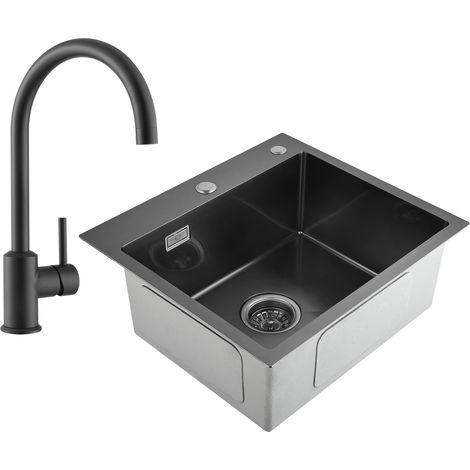 CECIPA 2 en 1 Evier 1 bac 50 x 45 x 18,5cm Noir gris + Robinet de Cuisine Noir - Sans distributeur de savon (1/5)