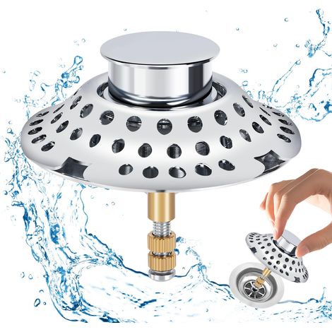 2 in 1 Bathtub Plug with Hair Filter, Drain Filter, Hair Catcher, Height Adjustable Bathtub Plug, Chrome-Plated Brass Drain Surface, Stainless Steel (1/5)