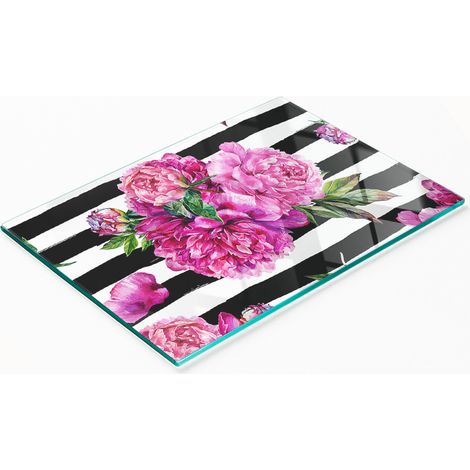 Planche de cuisine en verre trempé avec motif pivoines roses, 80 x 52 cm (1/5)