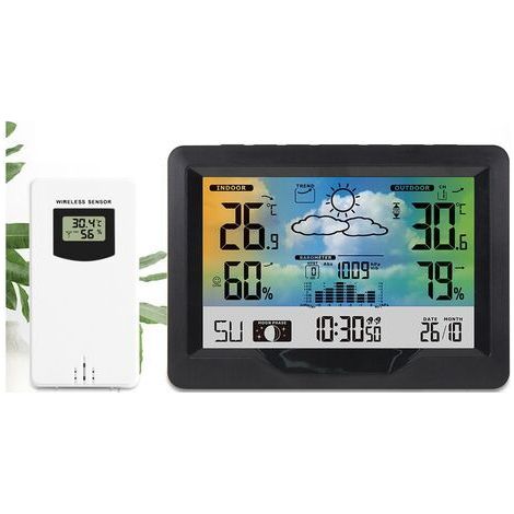Station Météo Couleur Station Météo Intérieure Extérieure sans Fil avec Capteur,Thermomètre Hygromètre Moniteur Température Humidité-Noir (1/5)