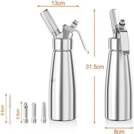500ml siphon chantilly, syphon à crème en aluminium avec 3 Douilles en Acier Inoxydable et 1 brosse de nettoyage, pour décoration gâteaux d'anniversaire pâtisserie crème glacée et desserts