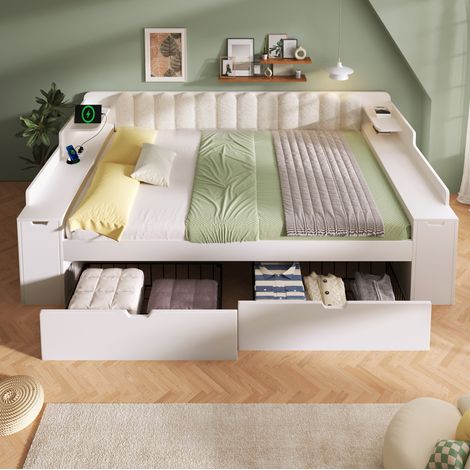 MODFU – Letto a panca per adulti 140x200 cm in MDF con USB Type-C, cassetti, vani contenitore e carico 300 kg – Bianco/legno (1/5)