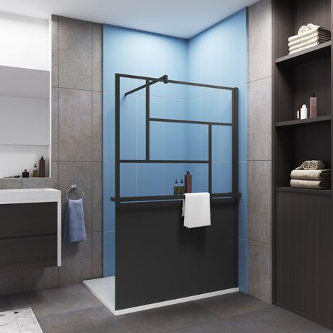 Paroi de douche à l'italienne type atelier 90x200cm installé avec une barre de fixation carré en 90cm,livré avec étagère de douche noir