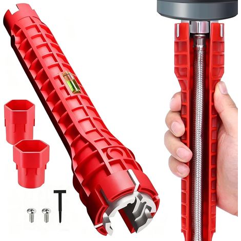 8 in 1 Strumento per l'installazione del rubinetto del lavandino Chiave per lavandino Chiave di installazione multifunzionale Chiave per tubi dell'acqua per bagno e cucina Rosso (1/5)