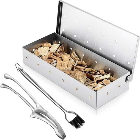 Boîte de fumage pour griller des copeaux de bois - Chambre de fumée perforée avec brosse à huile en acier inoxydable 304 et pince alimentaire - Accessoire de barbecue pour barbecue au charbon (1/5)