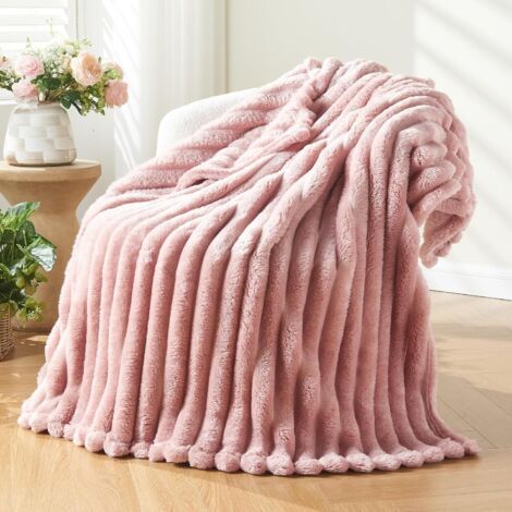 Couverture polaire ultra chaude, plaid en fausse fourrure de haute qualité, couverture à carreaux stéréoscopiques, rose-100x150cm (1/5)