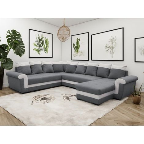 Tendencio – Canapé panoramique convertible LATTIA 5 places – Dimensions L317 x H88 x P248 cm – Couleur gris et blanc – Réversible et moderne