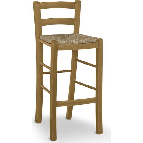 Holzhocker in heller Walnussfarbe mit Strohrückenlehne, H 67 cm