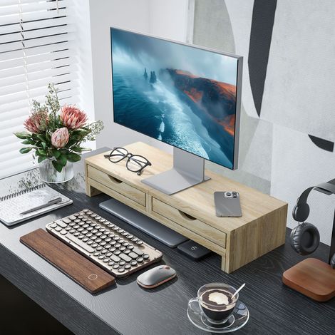 Soporte elevador para monitor de PC, soporte de escritorio para monitores de 60 a 116 cm con 2 cajones, longitud y ángulo ajustables.
