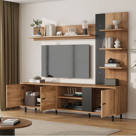 Mueble TV con almacenaje, 3 módulos y estantes abiertos, 187,5 x 40 x 167 cm, madera y negro DESVIAE (1/5)