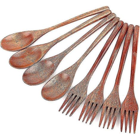 Ensemble de 8 cuillères et fourchettes en bois, style japonais, cuillères de cuisine artisanales, réutilisables. (1/5)