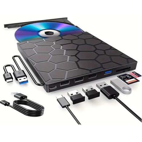 Lecteur optique externe multifonctionnel, graveur DVD 7 en 1, USB 3.0. Compatible avec les clés USB et extensible par insertion de cartes. (1/5)