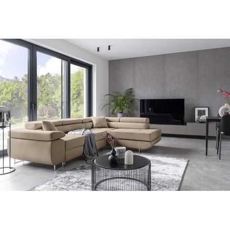 Ecksofa Schlafsofa SARRA in Stoff Paros Beige Ottomane Rechts (1/5)