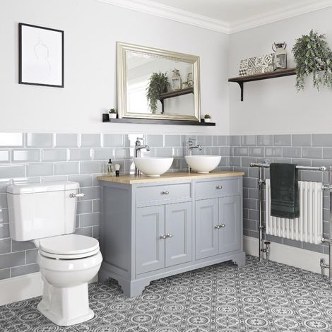 Milano Thornton 1210mm Bathroom Vanity Unit with 2 Countertop Basins and Close Coupled Toilet WC Pan Seat and Cistern - Light Grey (1/5)