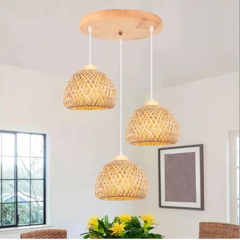 3lampes Lustre Suspension Vintage Intérieur,Lampe de Plafond Industriel Abat-jour en Bambou Design Ovale pour Salon Chambre (1/5)