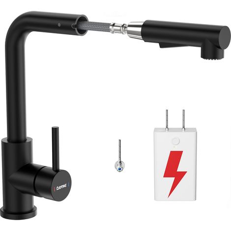 Robinet de cuisine basse pression noir - Robinet de cuisine basse pression - Douchette extensible avec 2 types de jet - Mitigeur de cuisine en acier inoxydable - Pivotant à 360° - Avec 3 (1/5)