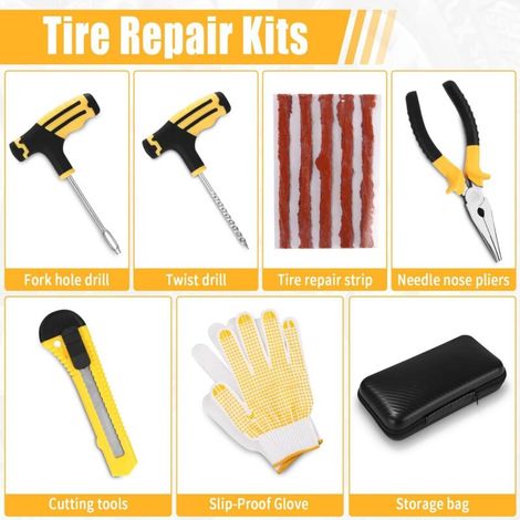 Kit Reparation Pneu Portables Voiture, Kit Reparation Pneu À Plat De Crevaison, Outillage de Réparation des Pneus Kit pour Pneu (1/3)