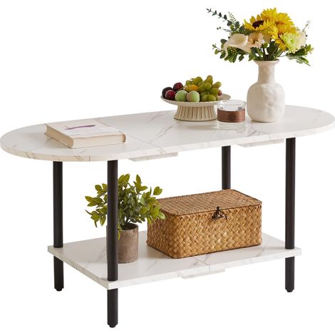 Table Basse, Petite Table de Salon, Table de Canapé avec Pieds en Bois et Rangement À 2 Niveaux pour Salon, Bureau À Domicile, Blanc + Pieds Noirs, YD-011M (1/5)