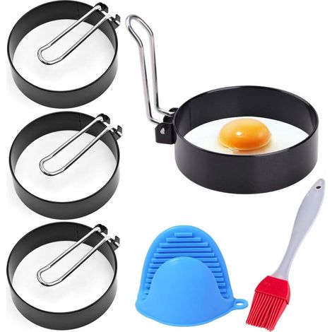 Anneaux d'oeufs au Plat, 4 Pièces Moule Oeuf Au Plat en Acier Inoxydable avec Brosse de Cuisson et Gant de Cuisine en Silicone Résistant, Antiadhésifs pour Les œufs Frits Crumpets Beefsteak (1/5)