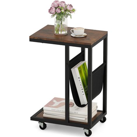 Table d appoint en C marron rustique en métal sur roulettes avec pochette en toile et étagère inférieure pour salon et chambre (1/5)