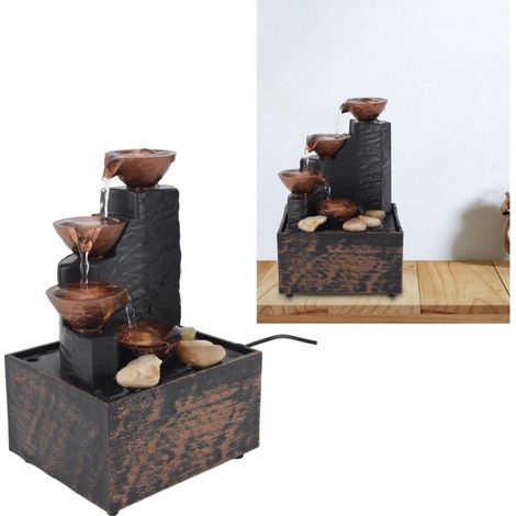 Fontaine de Table USB Attraction de Fortune Feng Shui LED pour Salon - Petit Modèle avec Pierres Naturelles, 17.3 cm, Lumière Jaune, Kit Décoratif et Design Apaisant.