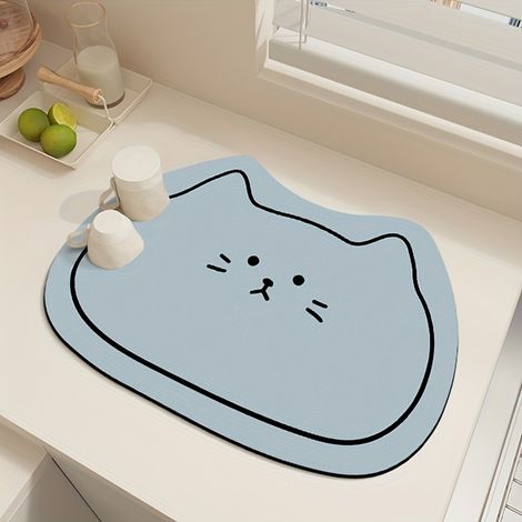 Tapis égouttoir à vaisselle et dessous de verre absorbant à motif chat (40x50cm). (1/2)