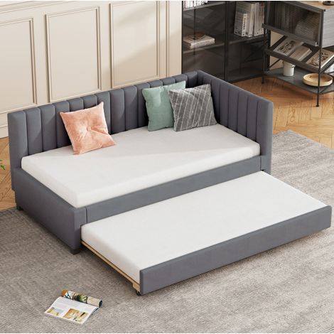 Cama diván tapizada gris 90x200 cm en terciopelo, estilo Mid-Century, con cama nido extraíble, cabecero y somier de láminas (1/5)