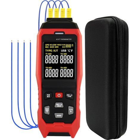 Termómetro de termopar de 4 canales, termómetro digital tipo K/J/T con registro de datos de temperatura programable de 5000 grupos en el rango de -328 a 1370 °C. (1/5)