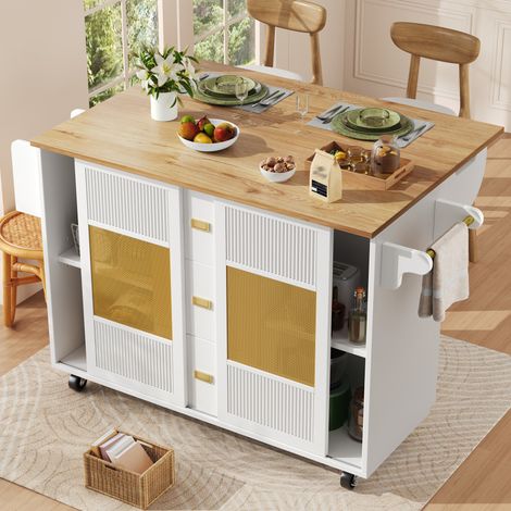 Isola da cucina 146,85x70x90 cm in MDF e metallo bianco, con contenitore salvaspazio FLORAGRACE (1/5)