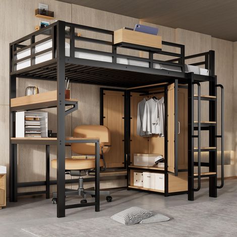 Lit mezzanine en fer, avec armoire à double porte, escalier avec rampe, bureau et étagère de rangement, lit supérieur avec compartiments de rangement, fer et MDF, noir et naturel, 90x200cm, garanti...