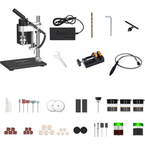 Kit de perceuse à colonne miniature avec étau, rallonge, accessoires de ponçage et de sciage, perceuse électrique portable à vitesse variable, perceuse de précision pour le perçage du bois et les répa (1/5)