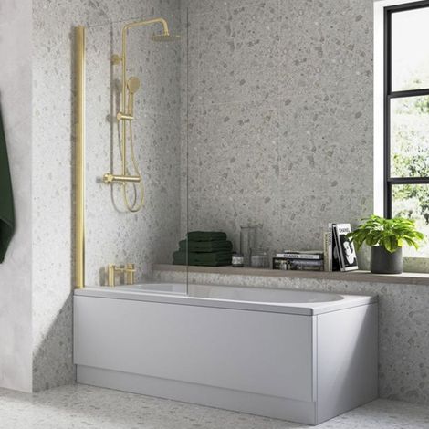 Signature Single Square Hinged Bath Screen 1400mm High x 800mm Wide - Brushed Brass (1/5)