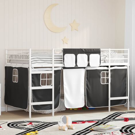 Kinder Loft Bettgestell mit Vorhängen Weiß und Schwarz