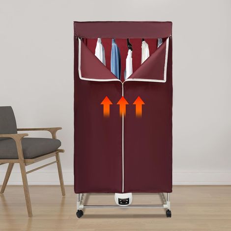 Elektrisch Wäschetrockner 1500W Warmlufttrockner Doppel Trockenschrank mit Fernbedienung und Räder 3 Trocknungsstufen Timing-Stufen Trocknungsbedürfnisse verschiedener Kleidungsstücke (Weinrot) (1/5)