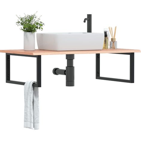 Estante de lavabo de pared de acero y madera maciza de roble