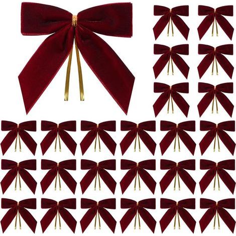 Set di 24 decorazioni natalizie per albero e casa, fiocchi di velluto rosso e nastri dorati (bordeaux). (1/5)