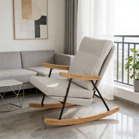 Skandinavischer Schaukelstuhl grau 1 Platz - gepolstert mit Leinenstoff, Holz und Metall, modernes Design