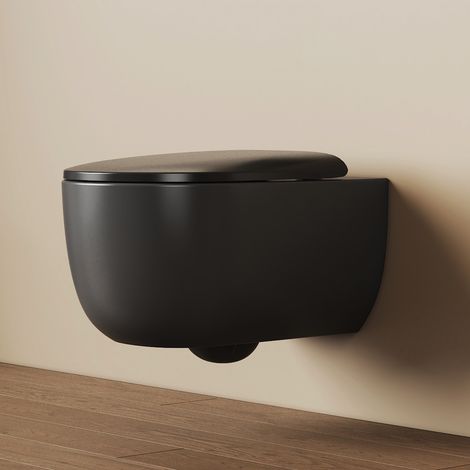 EMKE Toilette Spülrandlos WC mit Direkter Spülung Wandmontage Hänge-WC 35.5x36.5x55.5cm D-Form Hochtemperaturkeramik Mattschwarz