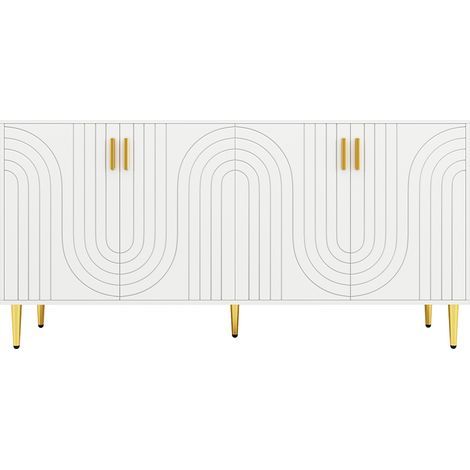 Credenza (152 x 40 x 75 cm), design unico a forma di onda, maniglie e piedi in oro - Bianco (1/5)