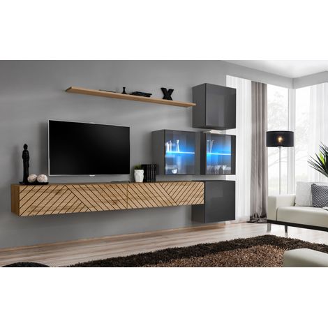 Ensemble de 7 meubles muraux "Switch XIX" pour TV en bois - Beige et Gris - L 310 x H 200 x P 40 cm - Livraison gratuite