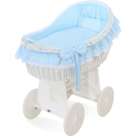 Moisés de mimbre Carina con cobertizo de mimbre, ropa de cama blanca y azul (1/5)
