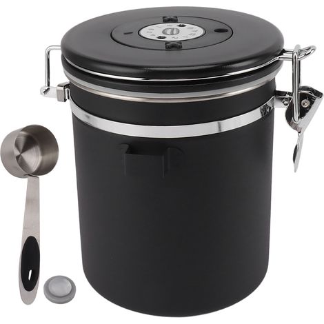Boîte de Rangement Café 1,5L Acier Inoxydable avec Cuillère et Traqueur de Date - Hermétique pour Conservation Aliments - Noir (1/5)