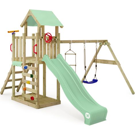 Wickey – Aire de jeu en bois avec balançoire et toboggan 220 cm – Bac à sable intégré – Résistant aux intempéries – 10 ans de garantie