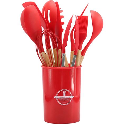 Cuillère En Silicone - Poêle Antiadhésive Compatible - Manche En Bois - Résistant Jusqu'à 230 °C - Lot De 12 Ustensiles De Cuisine
