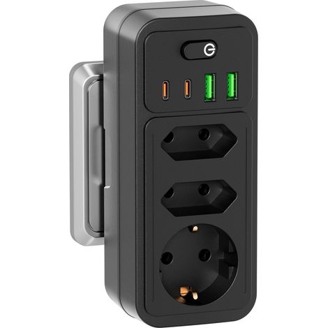 Multiprise 7 en 1 avec 4 types de prises : 1 prise Schuko, 2 prises euro, 2USB‑A et 2USB‑C. Avec interrupteur individuel, protection contre les surcharges et sécurité enfant. Convient pour le bureau (1/5)