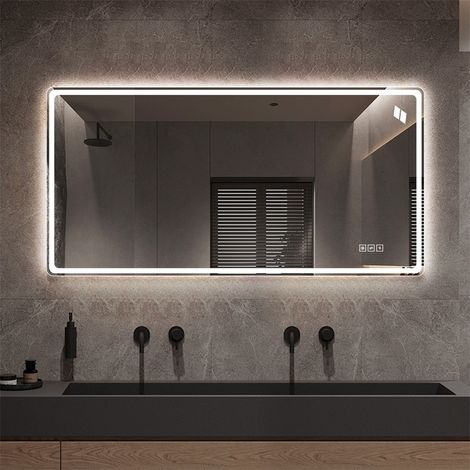 Miroir de Salle de Bain LED - 120x60x2.5cm - Lumineux Antibuée Sans Cadre Dimmable avec Double Éclairage HD - Argent (1/5)